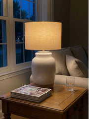 Mello Organic Textured Ceramic Table Lamp with Fabric Drum Shade - Modern Lighting for Living Room and Office