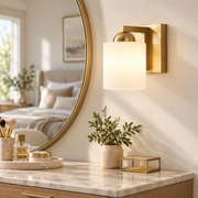 Glass Bathroom Vanity Light with three metal finishes and a metal wall bar - New2609-1024431-B11 interior scene
