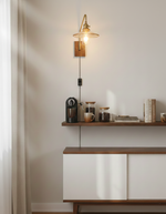 Cargar imagen en el visor de la Galería, Walnut-Backed Brass and Glass Plug-In Wall Lamp product view 9