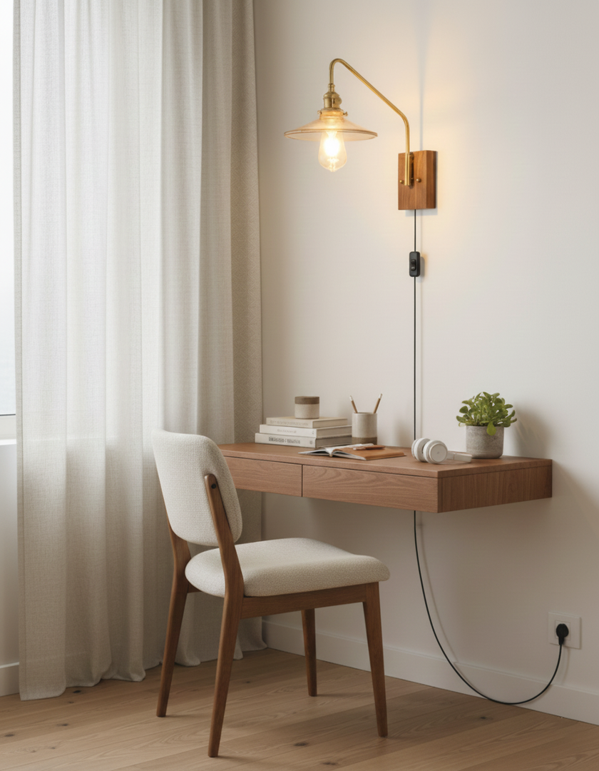 Walnut-Backed Brass and Glass Plug-In Wall Lamp product view 13