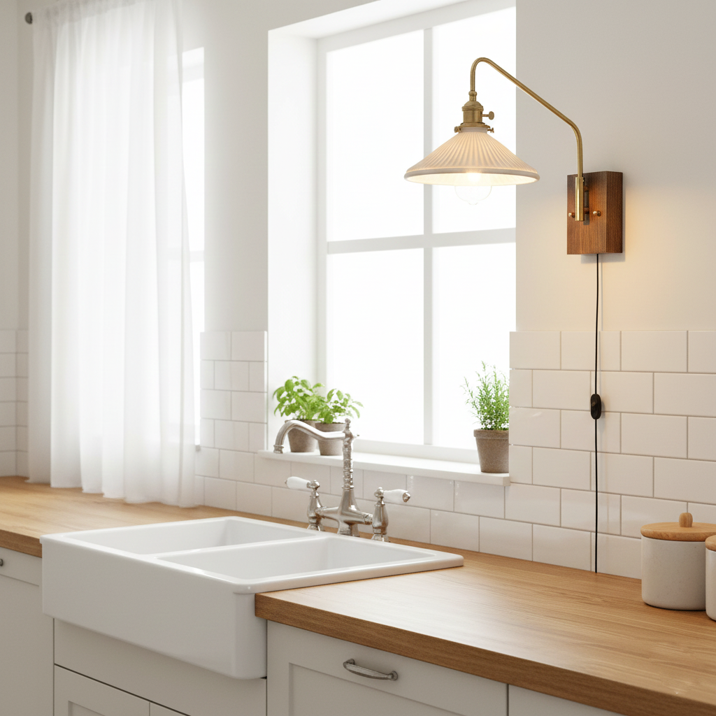 Walnut-Backed Brass and Glass Plug-In Wall Lamp room scene 7
