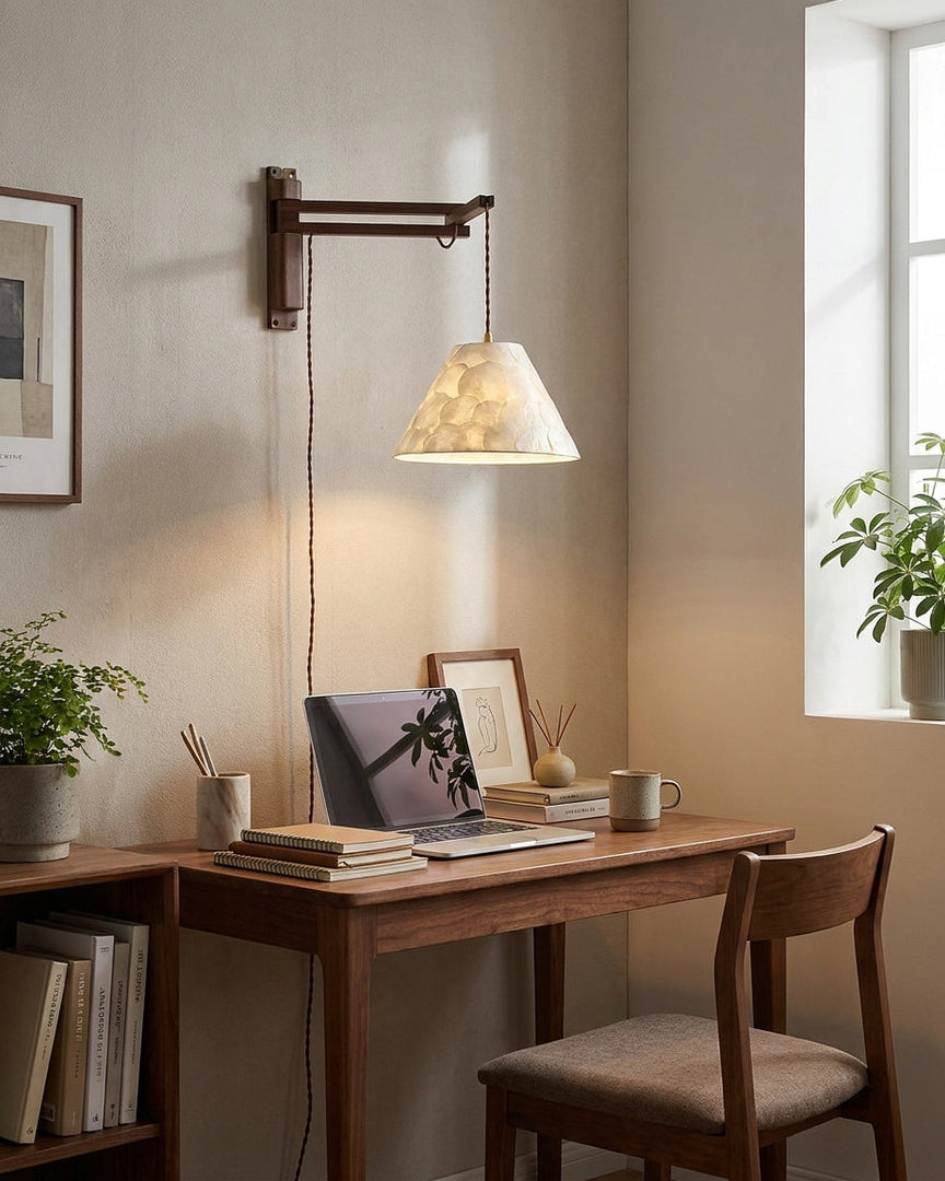 Walnut Swing-Arm Capiz Shell Plug-In Wall Sconce - product view 3