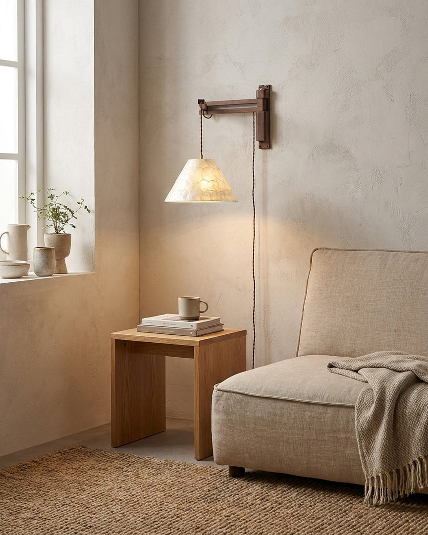 Walnut Swing-Arm Capiz Shell Plug-In Wall Sconce - product view 4
