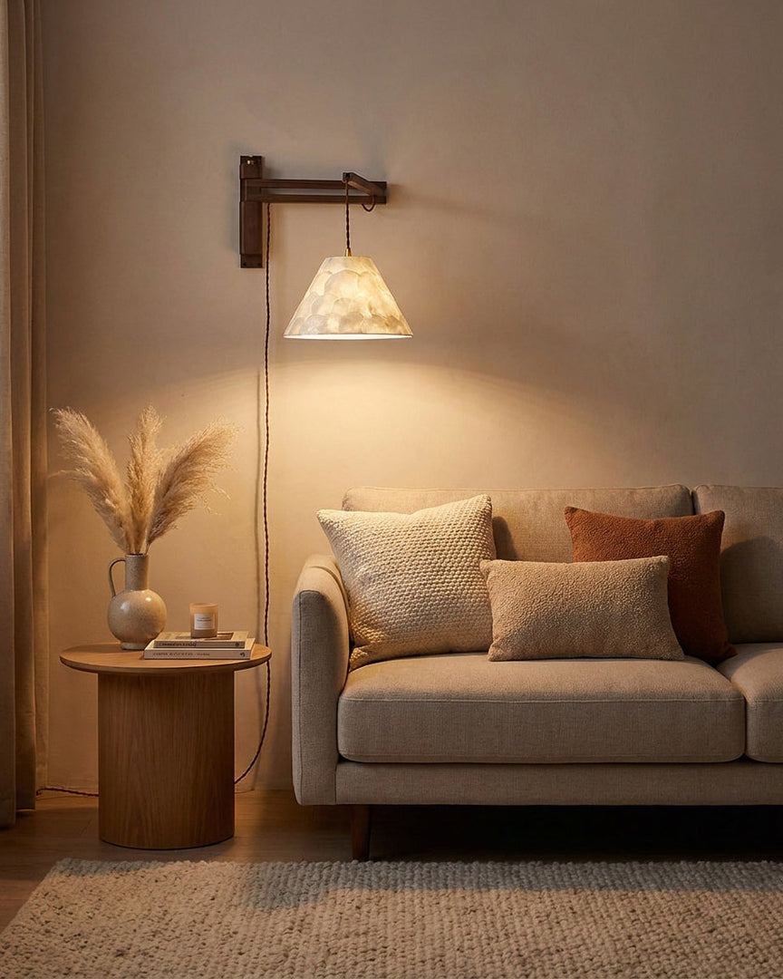 Walnut Swing-Arm Capiz Shell Plug-In Wall Sconce - product view 8