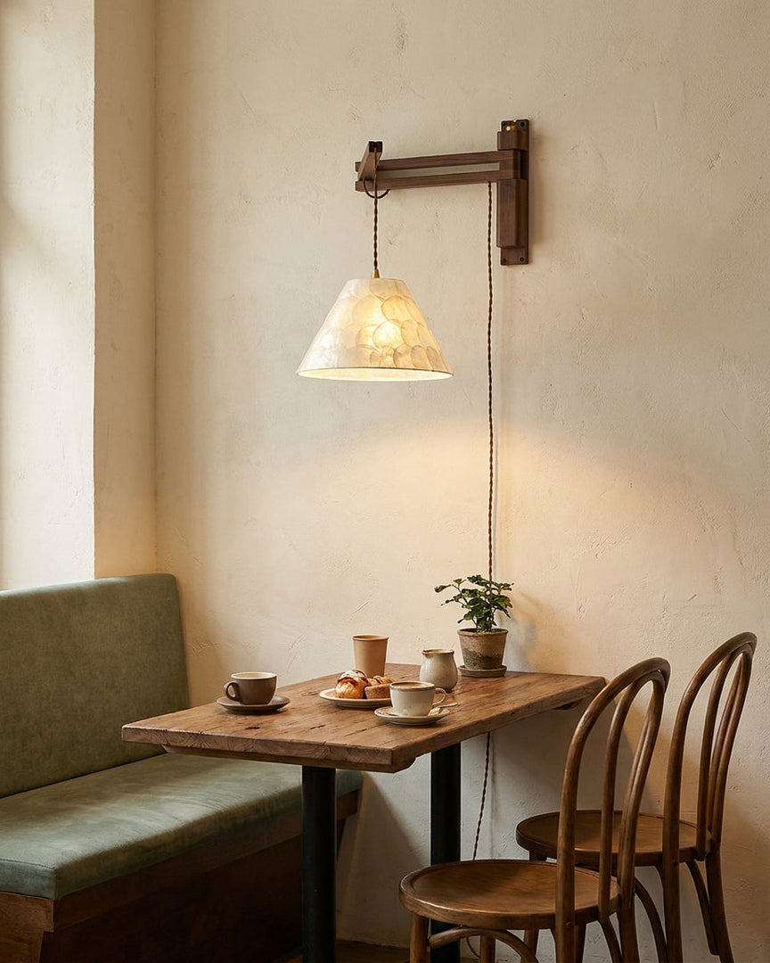 Walnut Swing-Arm Capiz Shell Plug-In Wall Sconce - product view 11