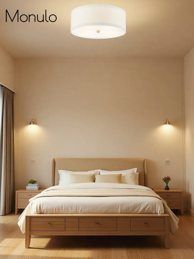 Lámpara de techo contemporánea con forma de tambor y pantalla de tela, empotrada para sala de estar. 