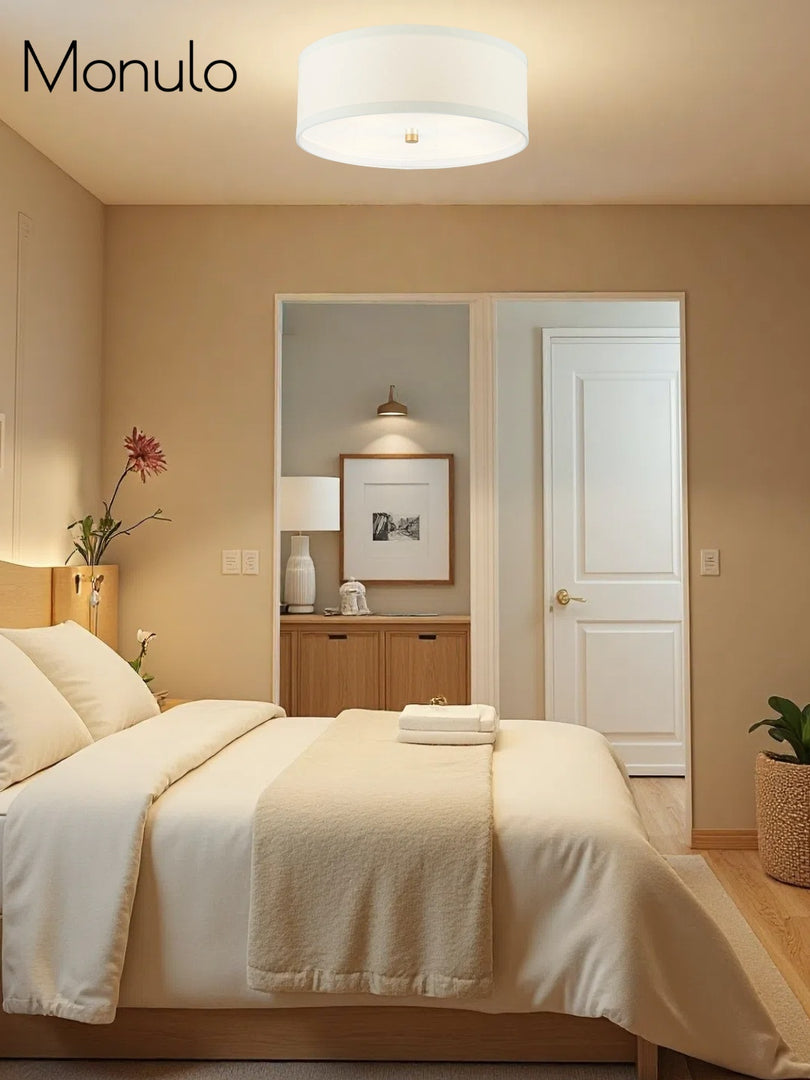 Lámpara de techo contemporánea con forma de tambor y pantalla de tela, empotrada para sala de estar. 