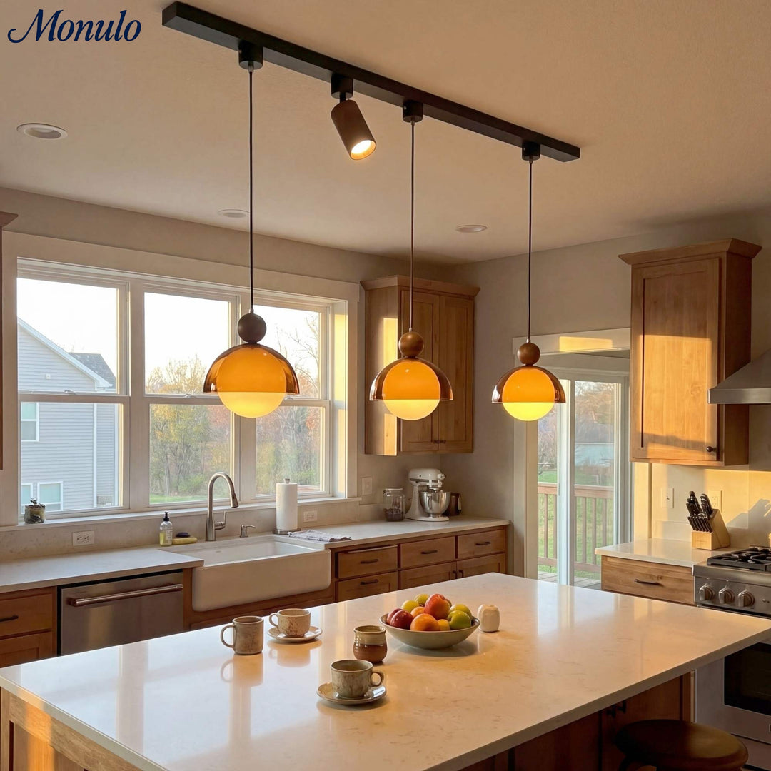 Sunset Pendant Lamp – Bauhaus Amber Acrylic Dome & Globe Mid