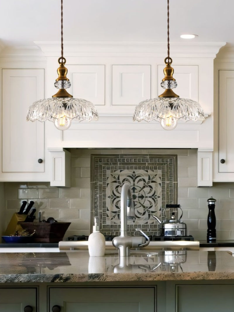 Vintage Brass Clear Glass Flower Pendant Light For Kitchen Island