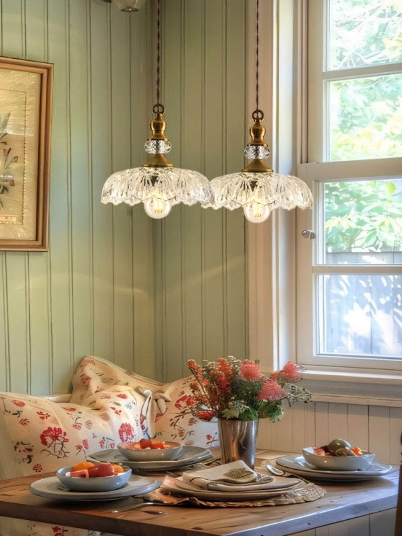 Vintage Brass Clear Glass Flower Pendant Light For Kitchen Island