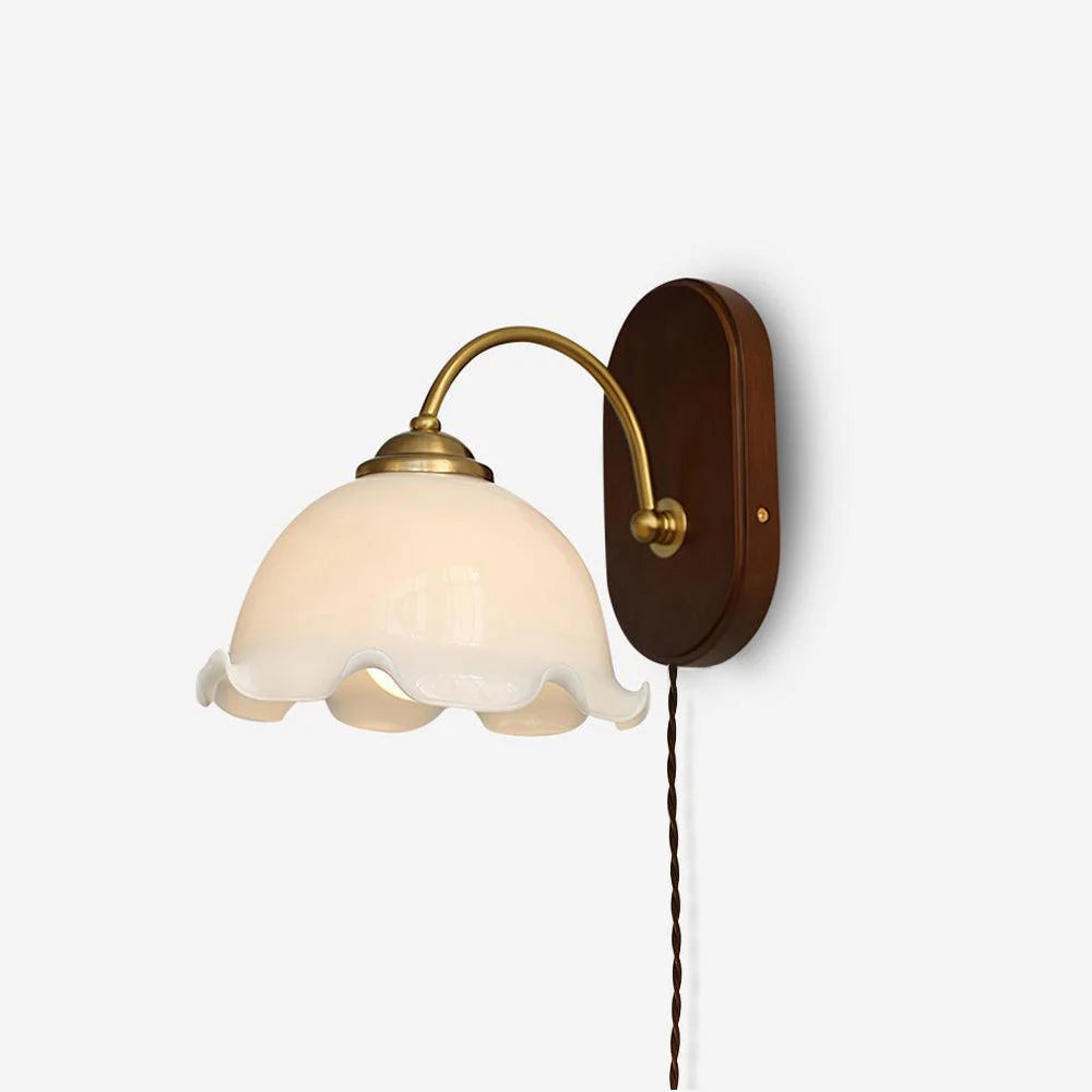Scalloped Glass and Walnut Plug-In Wall Sconce product view 1