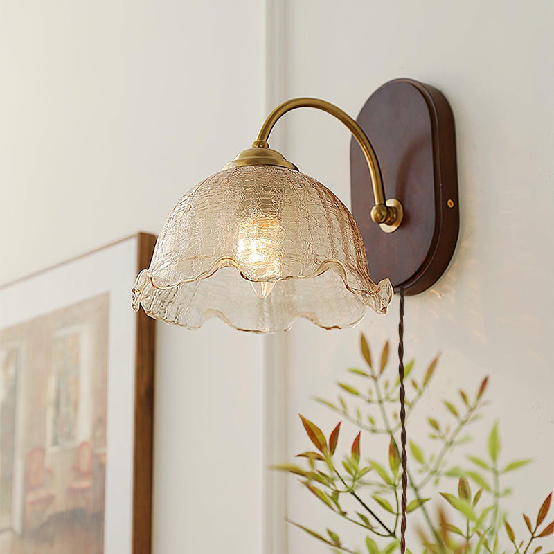 Scalloped Glass and Walnut Plug-In Wall Sconce room scene 2