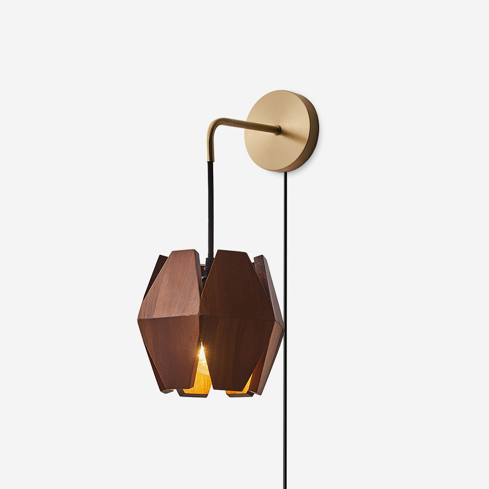 Faceted Walnut and Brass Plug-In Wall Lamp product view 1