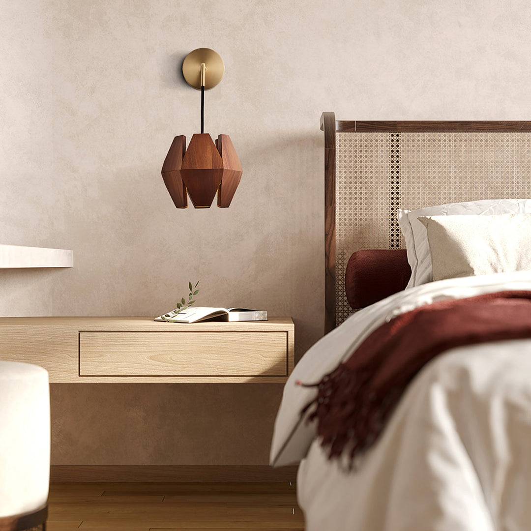 Faceted Walnut and Brass Plug-In Wall Lamp room scene 3