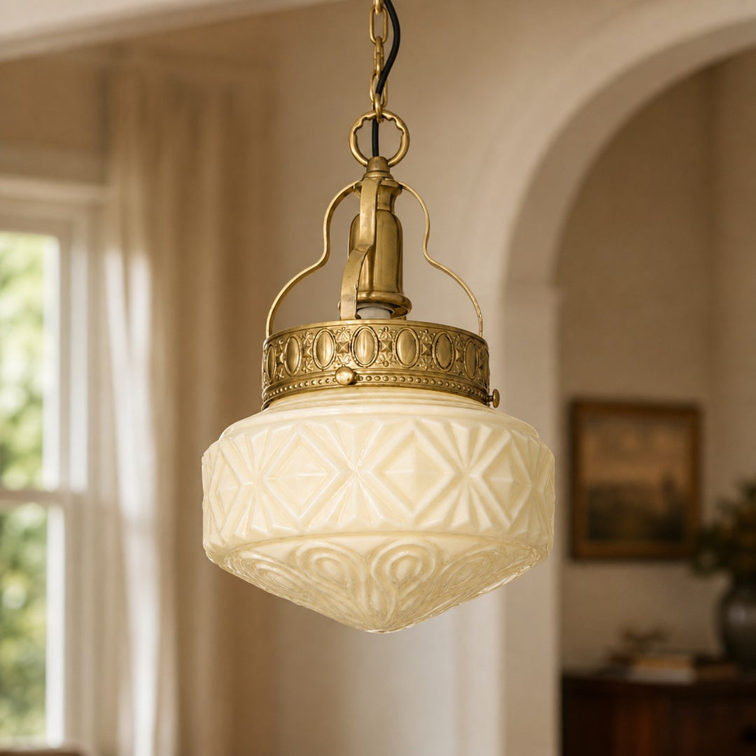 Beige glass pendant light in a warm classic interior