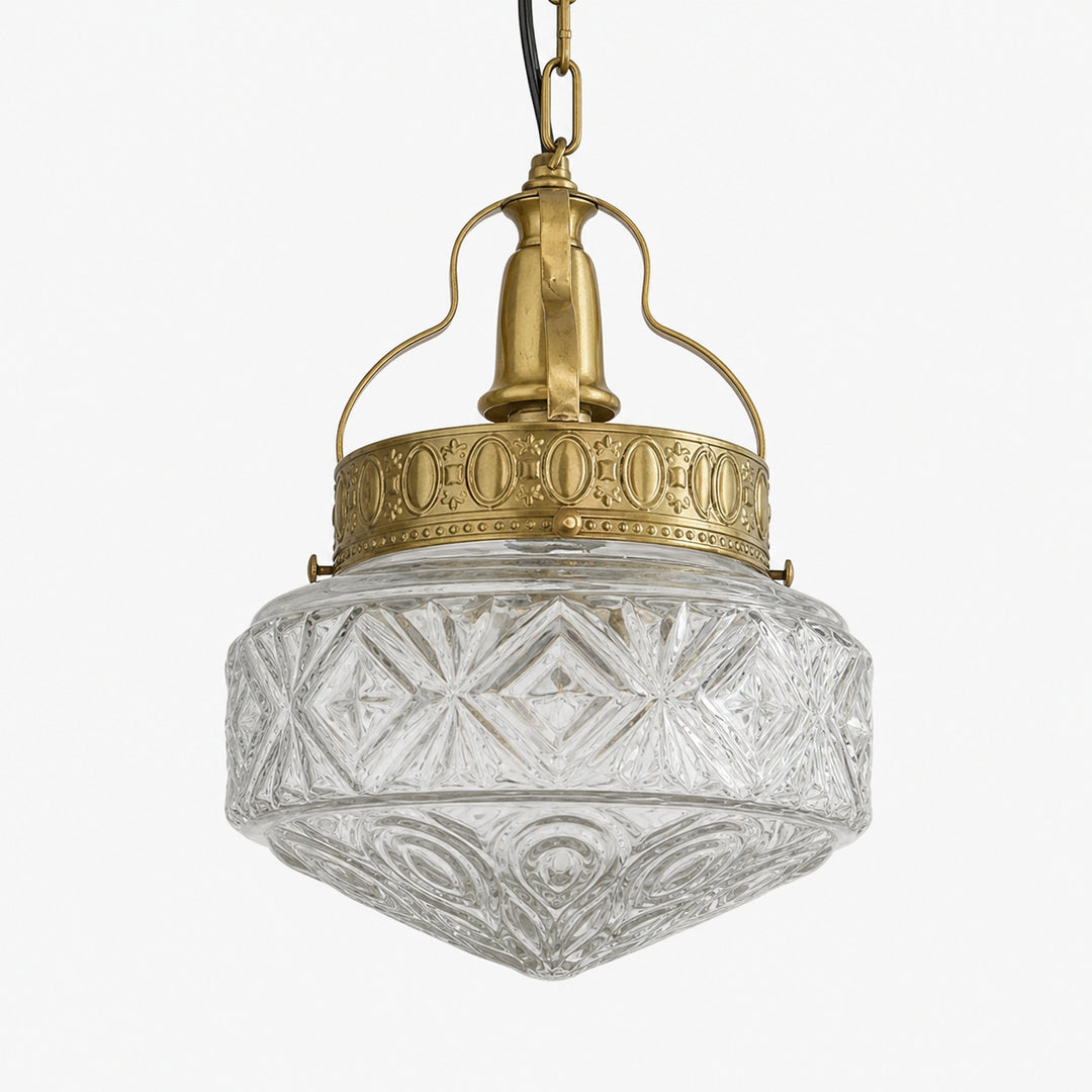 Clear embossed glass pendant light with brass hardware