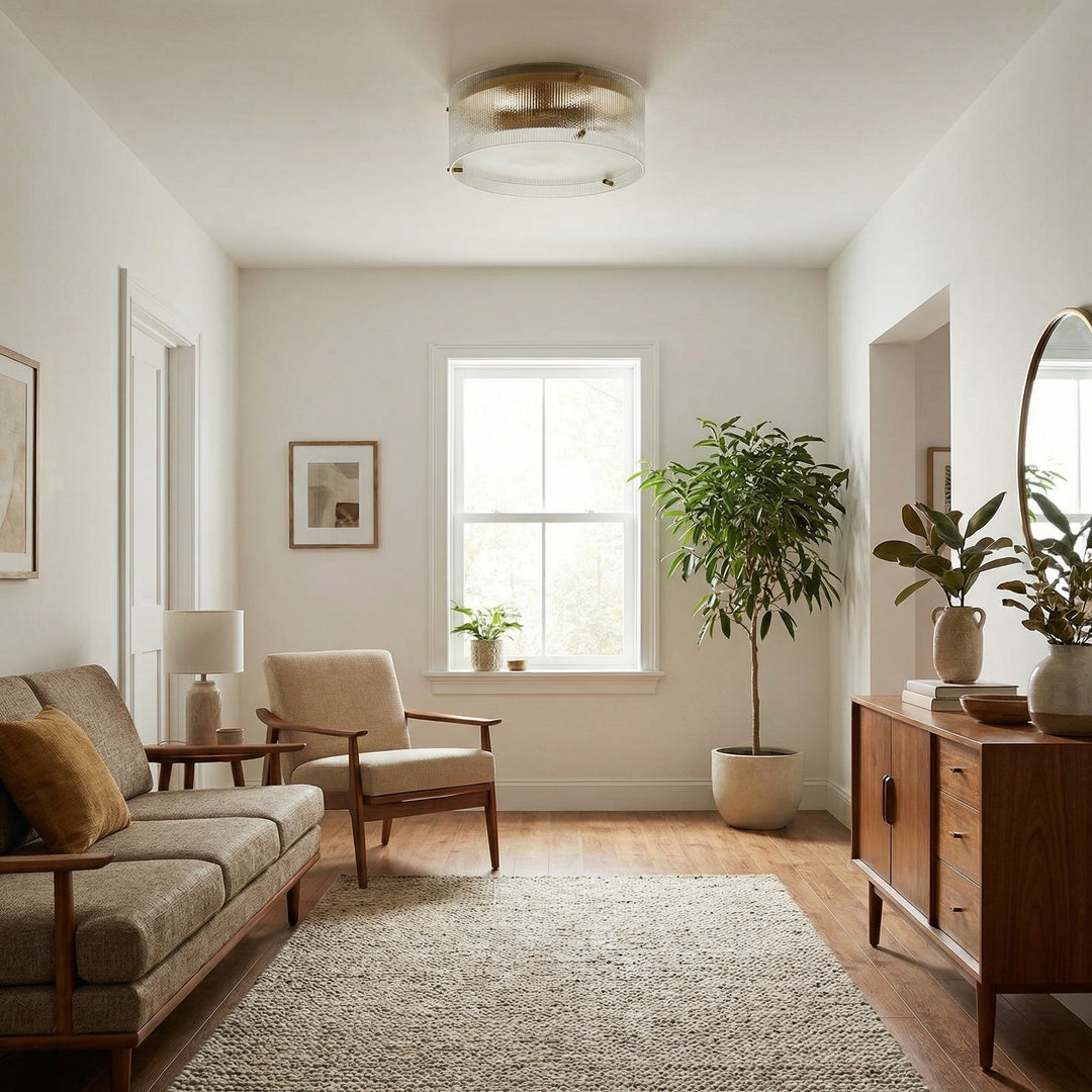 Lámpara de Techo Redonda de Latón con Vidrio Estriado Glimmerove – Montaje Empotrado de Estilo Rústico Chic para Salas y Baños