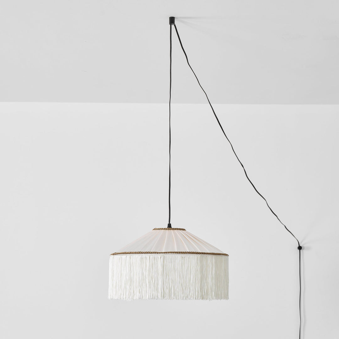 Beige Pleated Fabric Fringe Plug-In Pendant