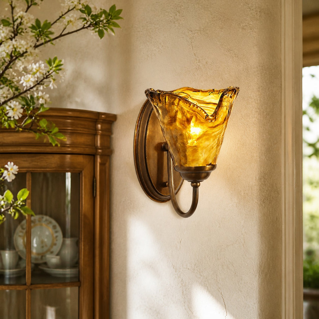 Sculpted Amber Glass and Brass Wall Sconce