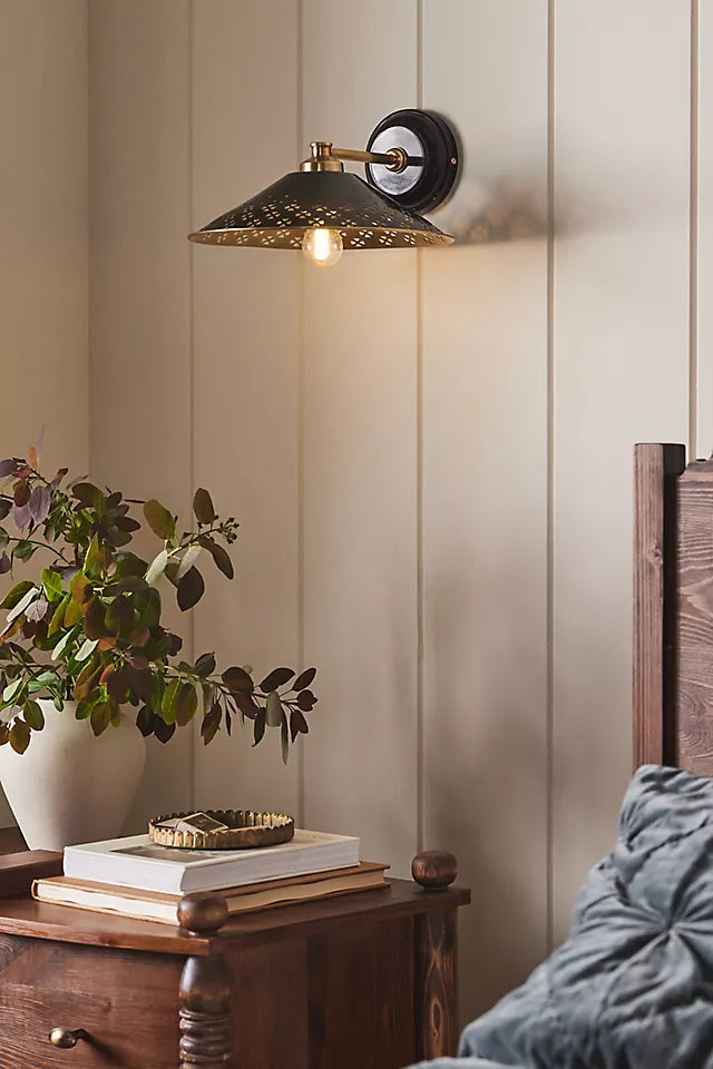 Auriglow Modern Wall Sconce – Brass Perforated Light for Bedroom or Hallway