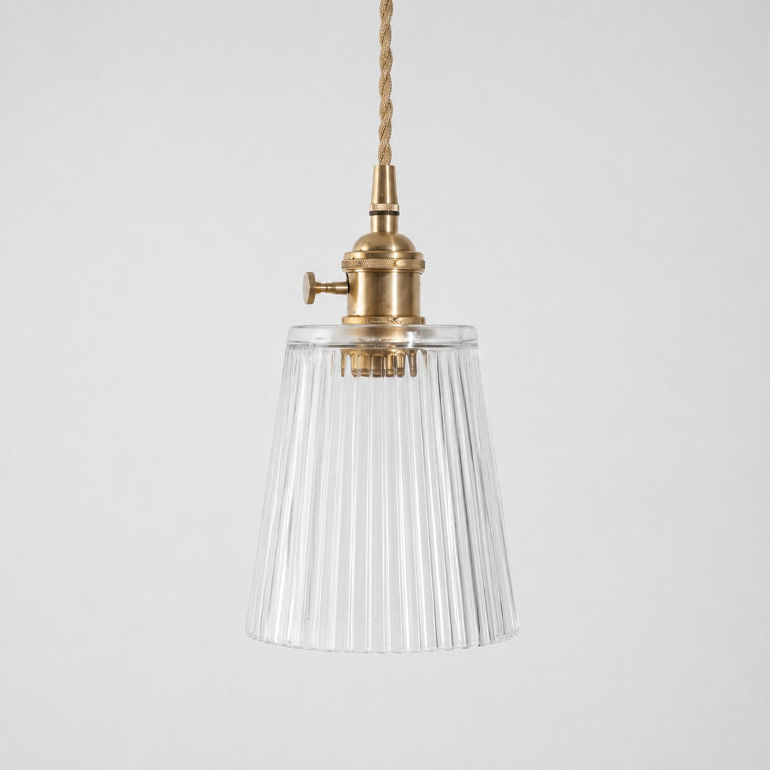Style L - Clear textured glass shade with antique brass E27 socket, front view
