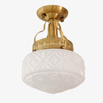 Load image into Gallery viewer, Cream White embossed glass Art Deco ceiling light with brass finish