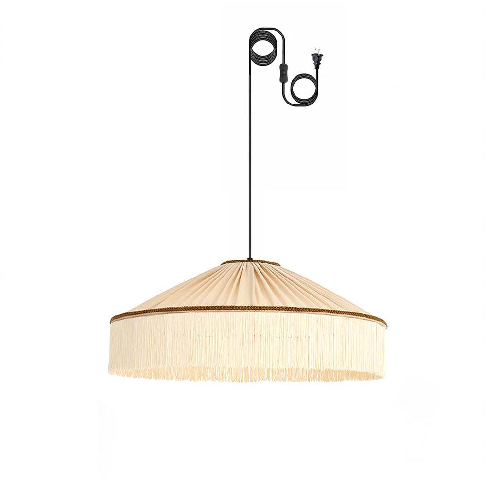 Beige Pleated Fabric Fringe Plug-In Pendant