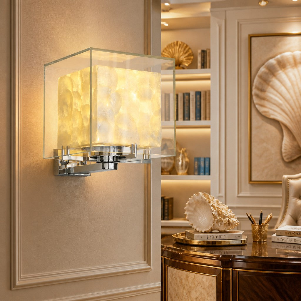Beamira Mica Square Wall Lamp - Glass Shade Shell Decorative Wall Light for Hallway