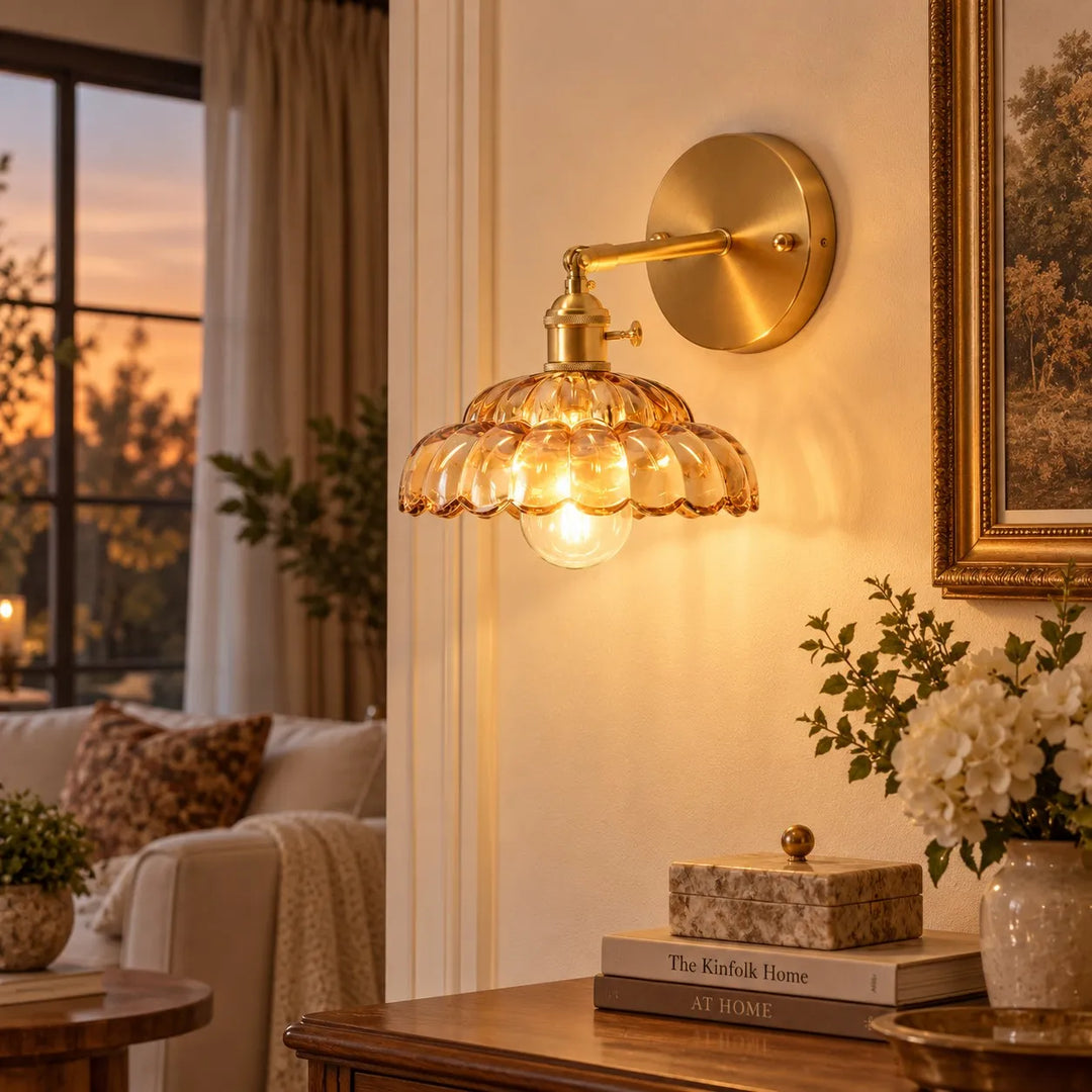 Vintage Brass Puff-Skirt Glass Wall Lamp