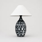 Load image into Gallery viewer, Black ceramic table lamp with white fabric shade front view
