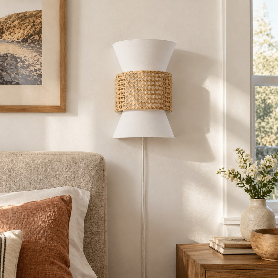 Coastal Boho Fabric and Natural Rattan Plug-In Wall Light for Bedroom and Hallway
