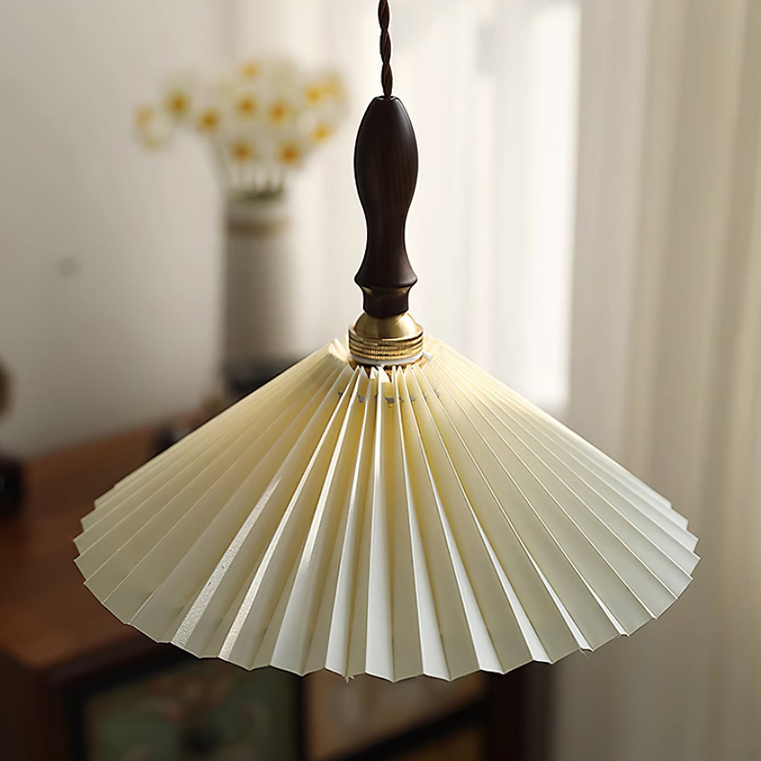 White Fabric Walnut Brass Plug-In Pendant