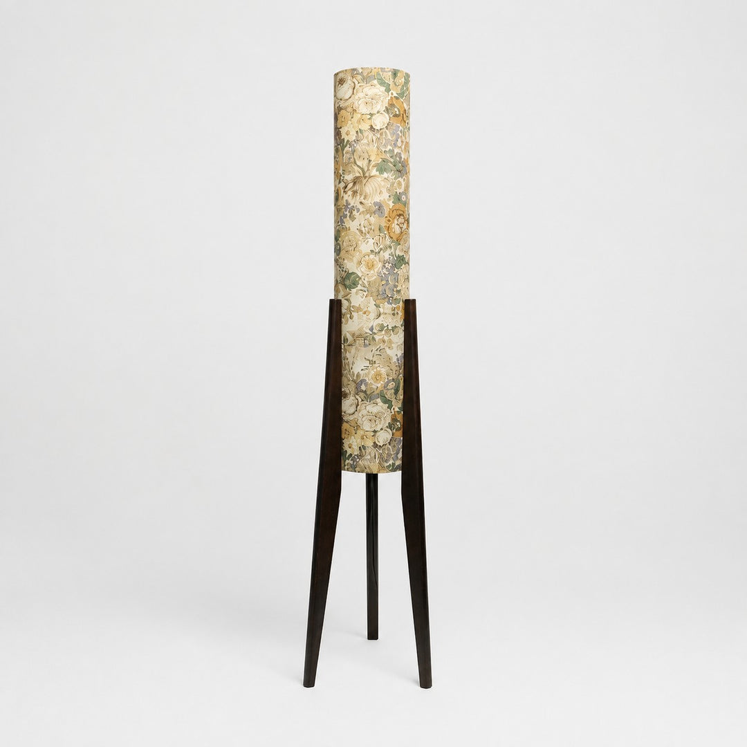 Vintage ivory floral Liberty fabric tripod floor lamp with dark wood frame