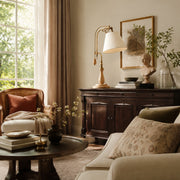 Beige Fabric vintage wood and brass-tone table lamp