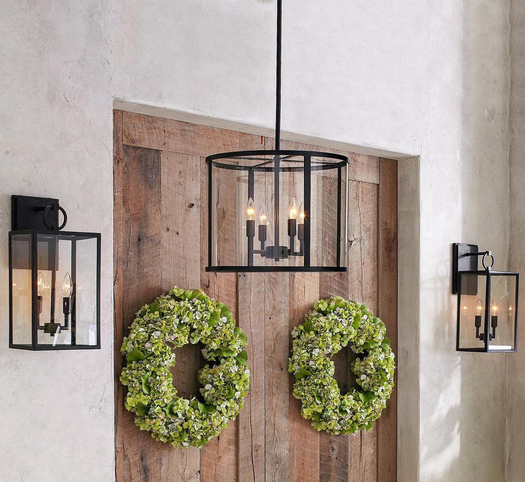 Lámpara colgante de exterior de vidrio Ferrix - Iluminación industrial para porches delanteros