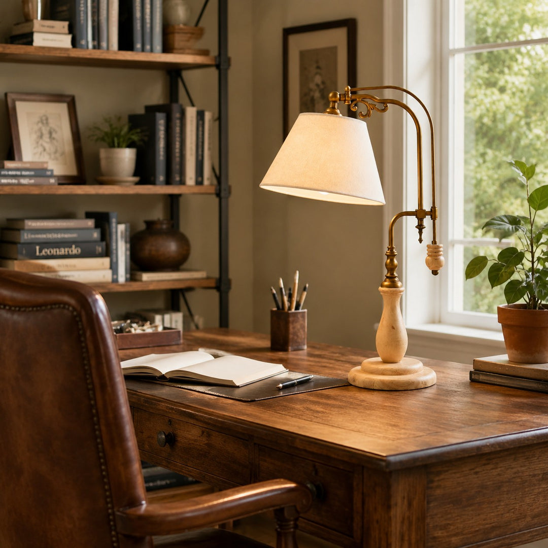 Beige Fabric vintage wood and brass-tone table lamp