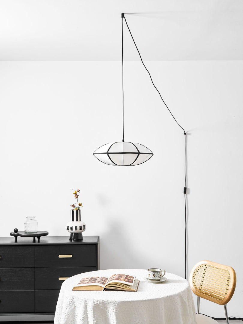 Black Metal White Fabric Plug-In Swag Pendant