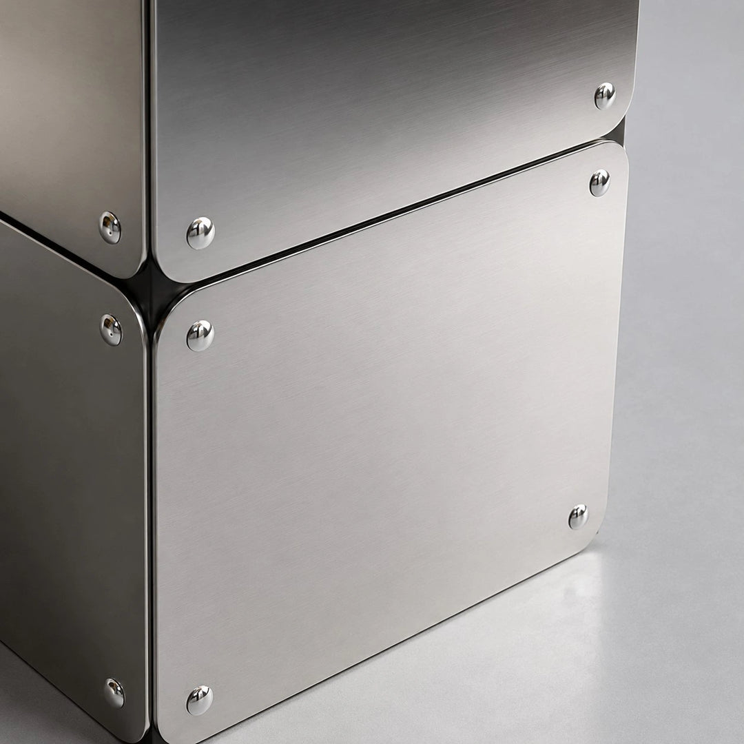 Close view of the brushed metal lamp base and fasteners
