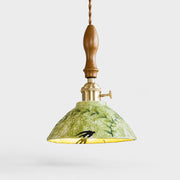 Botanical Glazed Ceramic Pendant Light with Brass-Tone Hardware - Shallow Dome