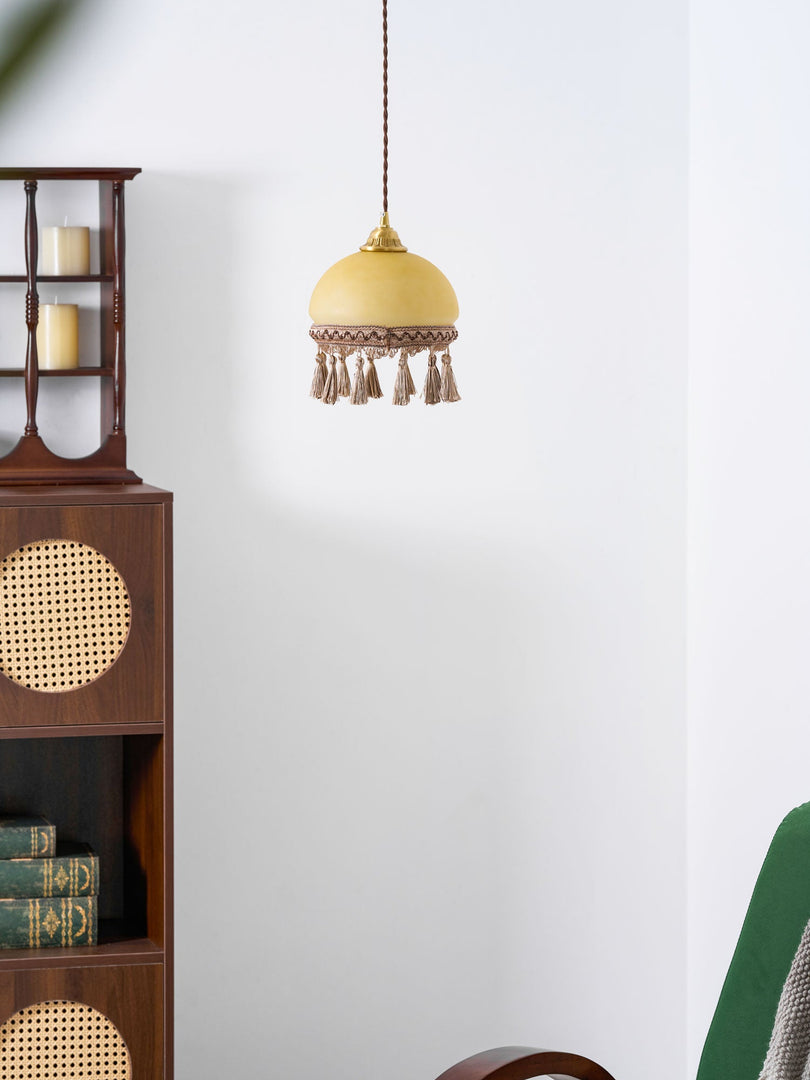 Tasseled Brass Glass Swag Pendant Light