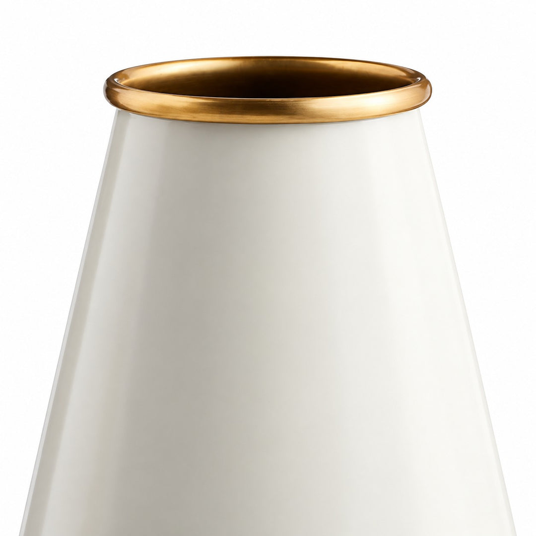 Close view of the white metal shade and brass rim