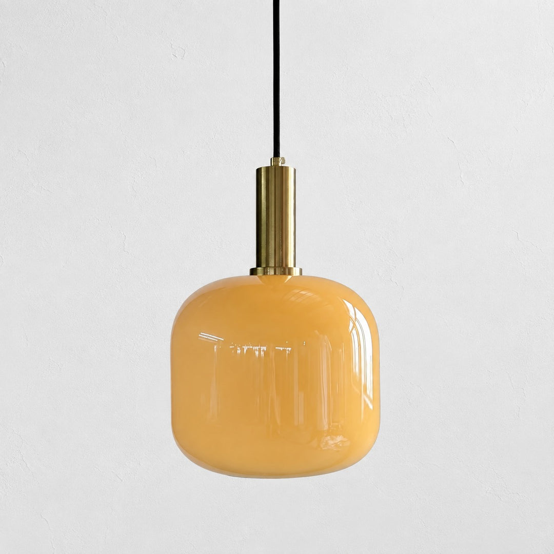 Glass Pendant Light with Glossy Yellow Rounded Shade - Brass Metal Fixture for Kitchens and Bedrooms