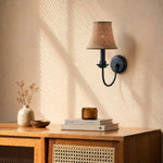 Cargar imagen en el visor de la Galería, Fabric wall sconce above a warm wood console