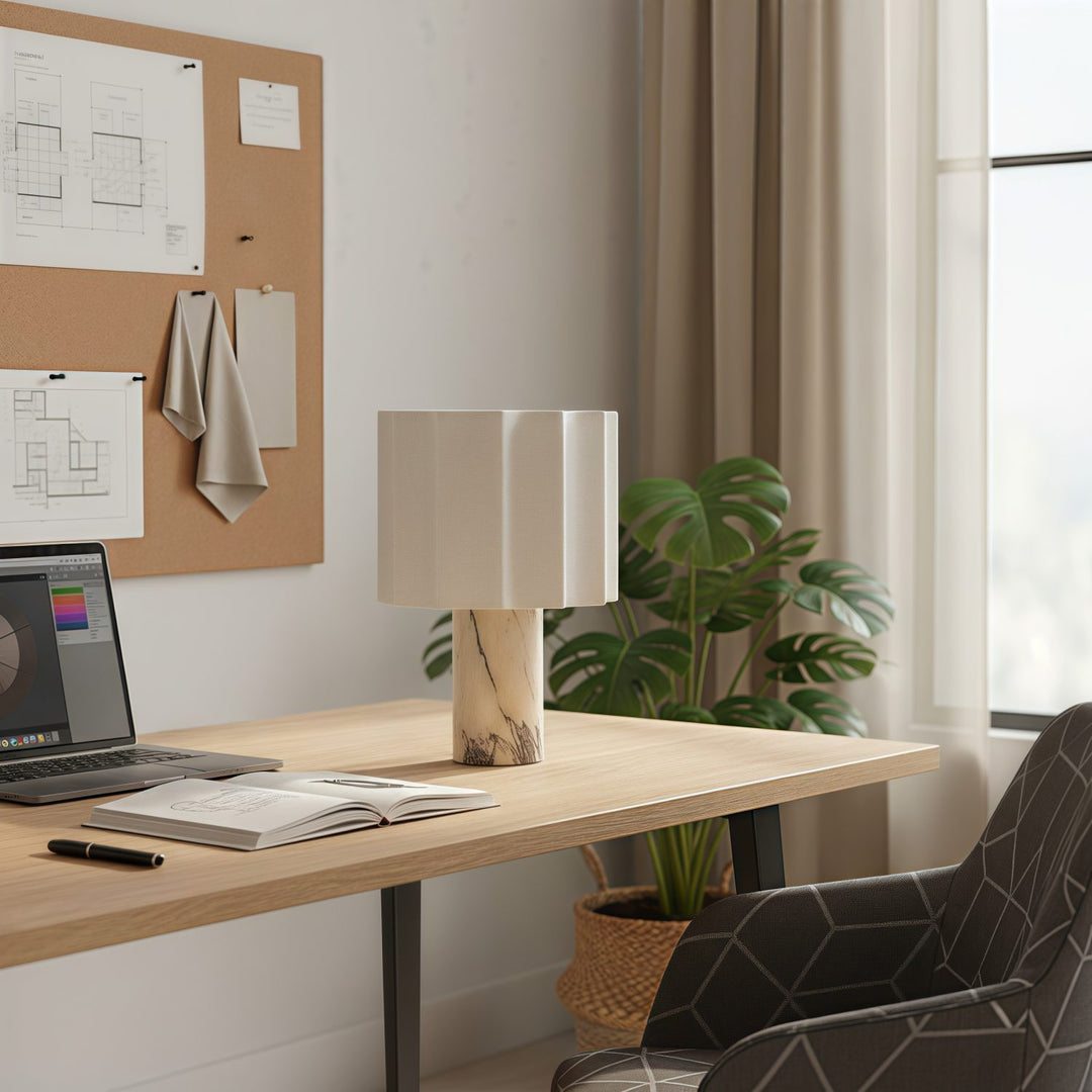 Cavilon Modern Artisanal Marble Accent Table Lamp with Soft Fabric Shade for Living Room and Bedroom