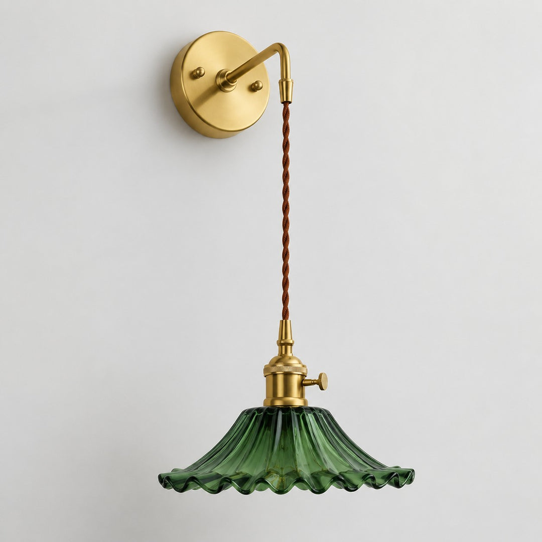 Vintage green glass wall light with brass arm, 912LW shade 7 cm high and 22 cm diameter