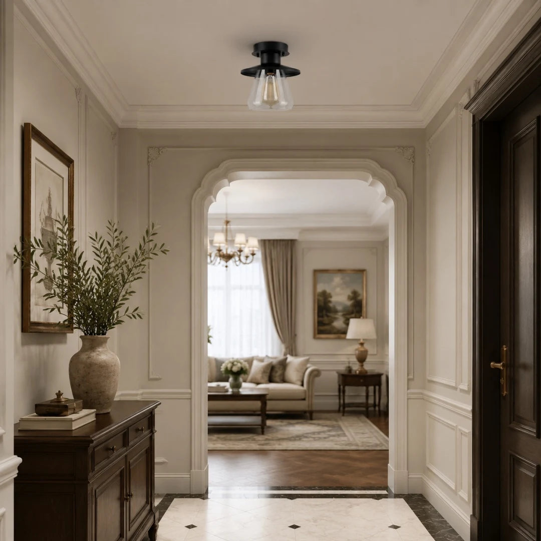 black glass ceiling light in covered hallway
