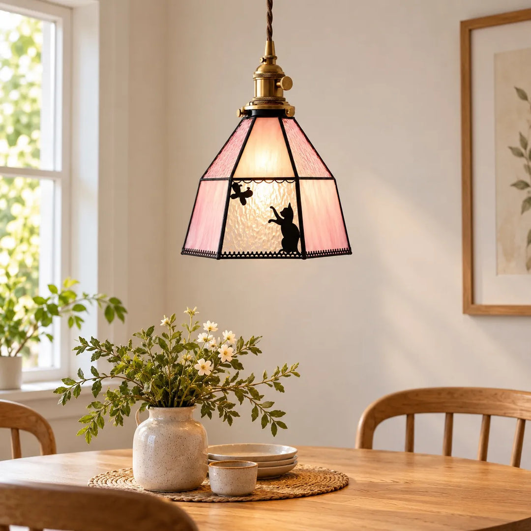 Cat and Butterfly Stained Glass Pendant Light