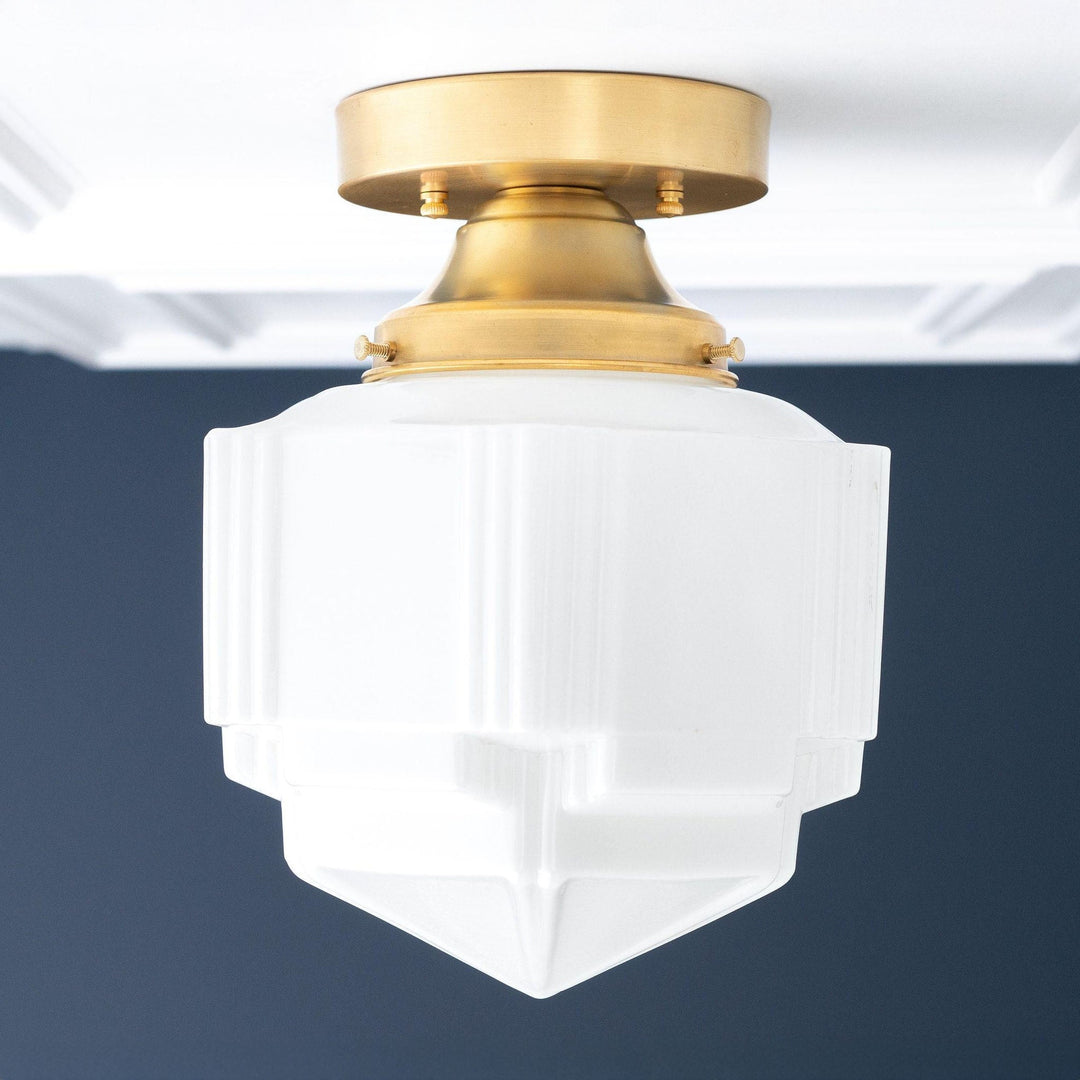 Geotower Glass Art Deco Opal Glass Flush Mount Ceiling Light – Modern Deco Indoor Accent Light for Living Room