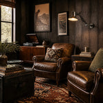 Cargar imagen en el visor de la Galería, Matte Black folding wall lamp in a dark wood reading room