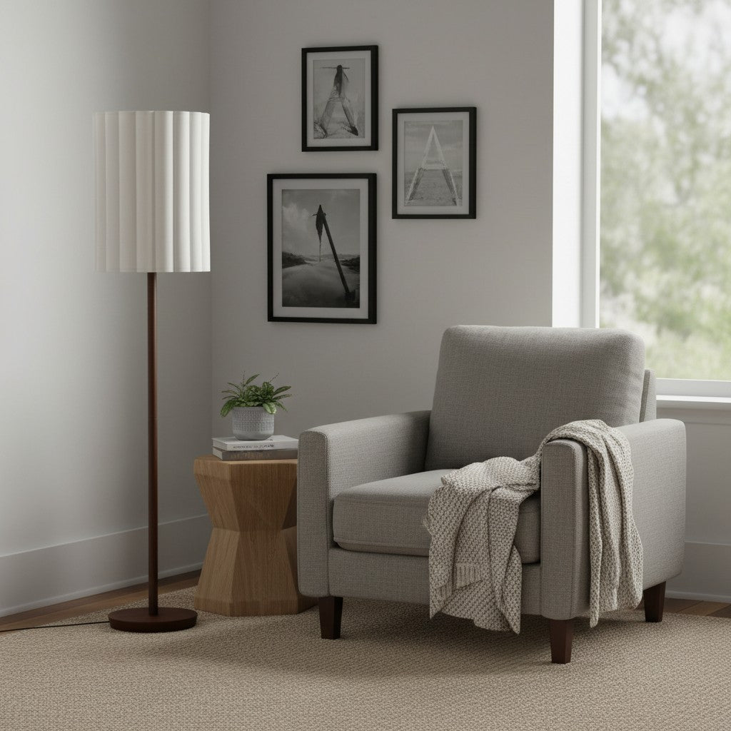 Lámpara de pie Linbron con pantalla de tela neutra y acabado en veta de madera – Lámpara de pie moderna minimalista para sala de estar y estudio